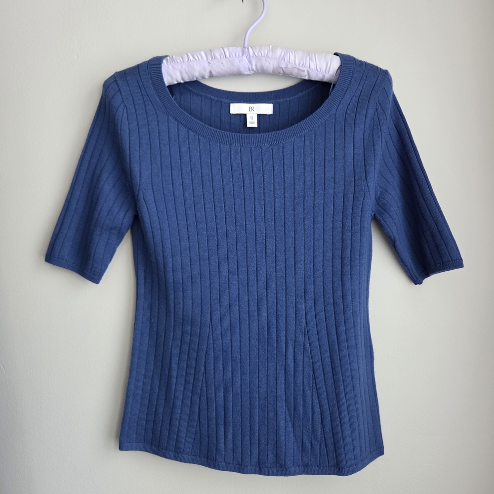 100%Merino Fine NWOT BR Soft Ribbed Fine Knit Fitted Blue T Shirt Top XS